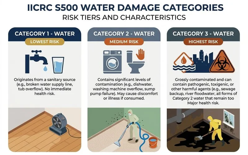 Three water damage categories infographic