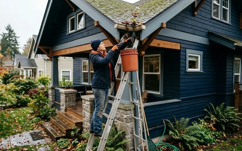 Homeowner clearing gutters before atmospheric river season