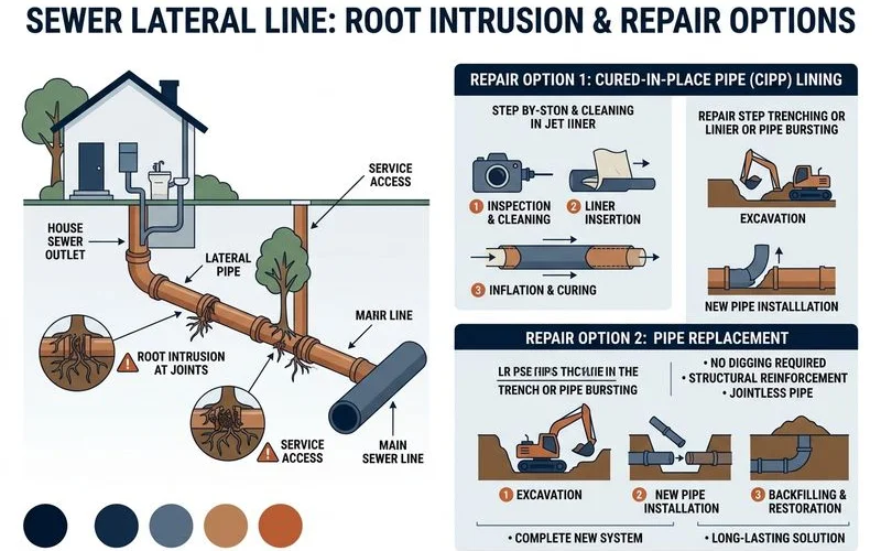 Sewer lateral with root intrusion diagram