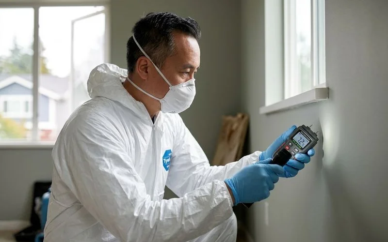 Technician reading digital moisture meter