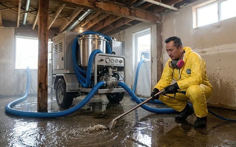 Extraction unit pumping water from flooded basement