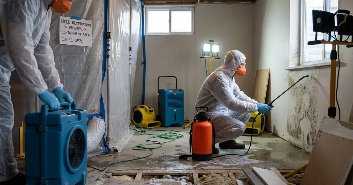 Basement mold remediation with containment and HEPA scrubbers