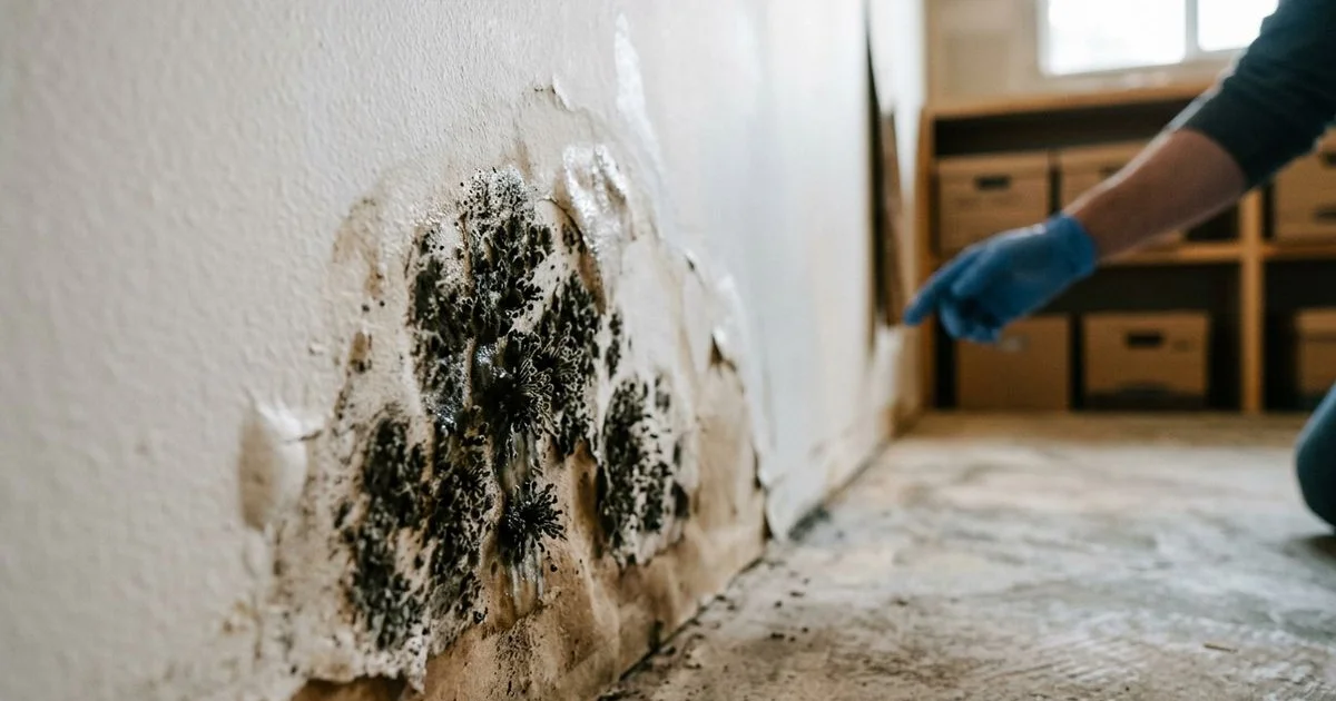Black mold growth on water-damaged drywall