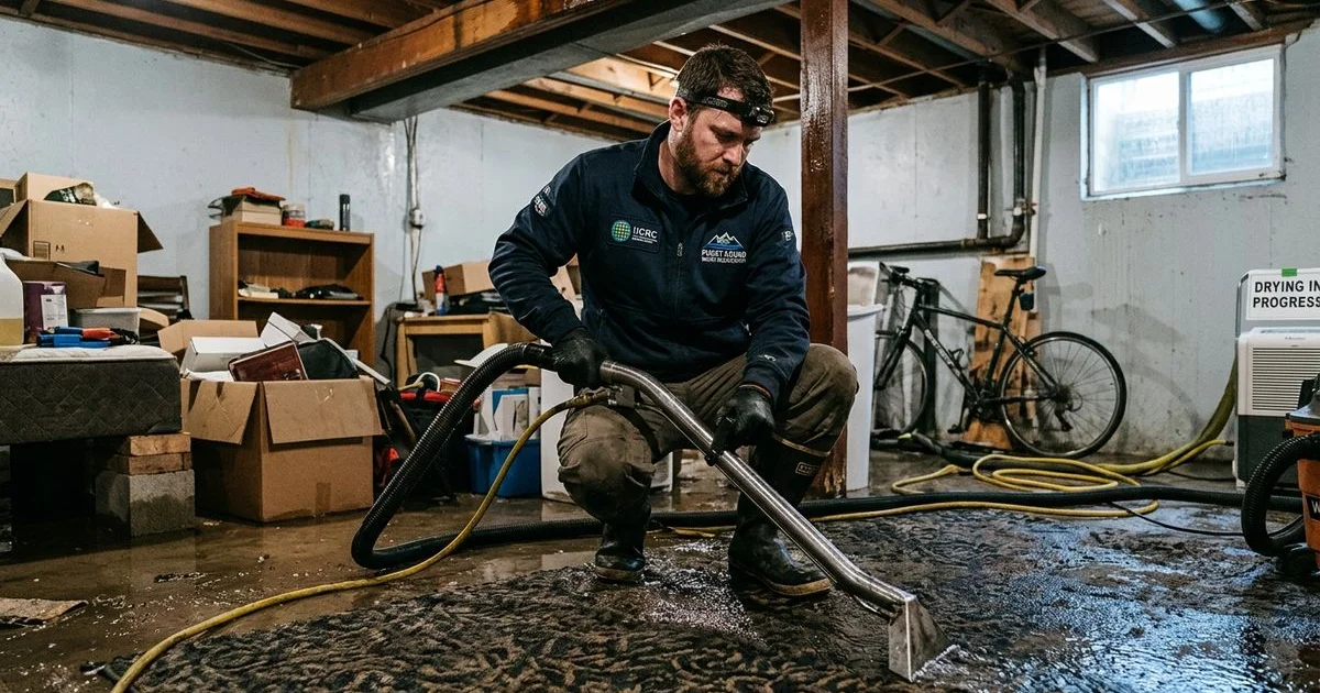 IICRC technician extracting water from a flooded Seattle basement