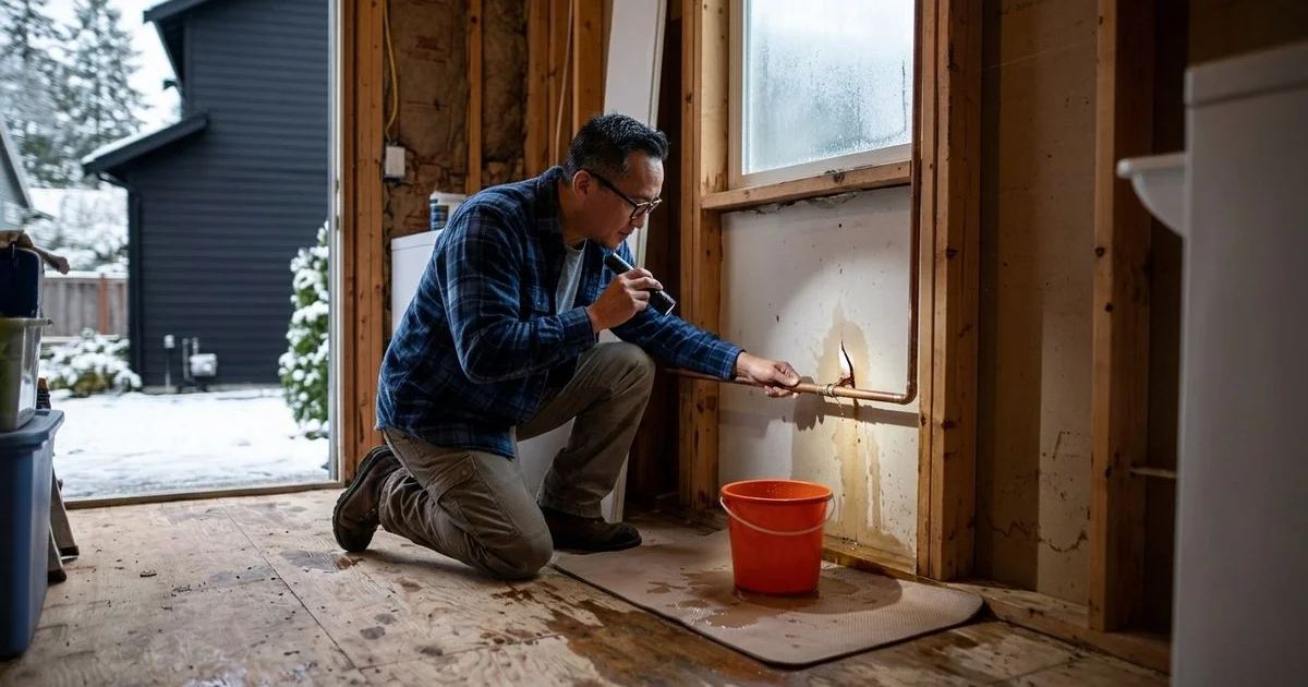 Technician inspecting a burst pipe in a Seattle home