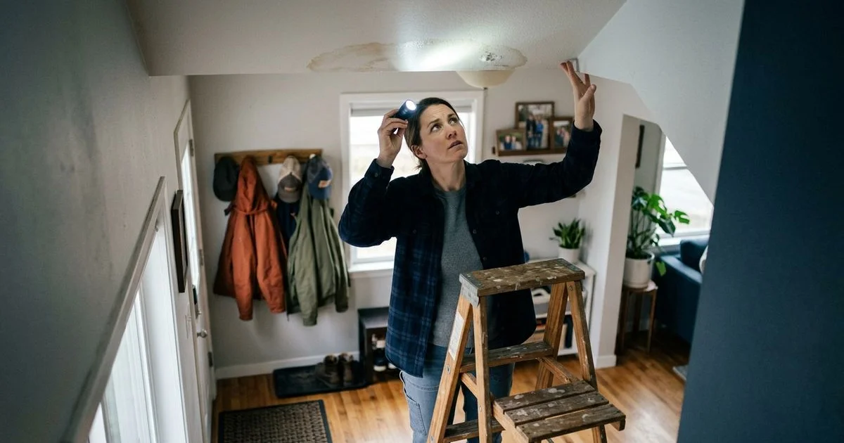 Homeowner inspecting a ceiling stain from a hidden leak