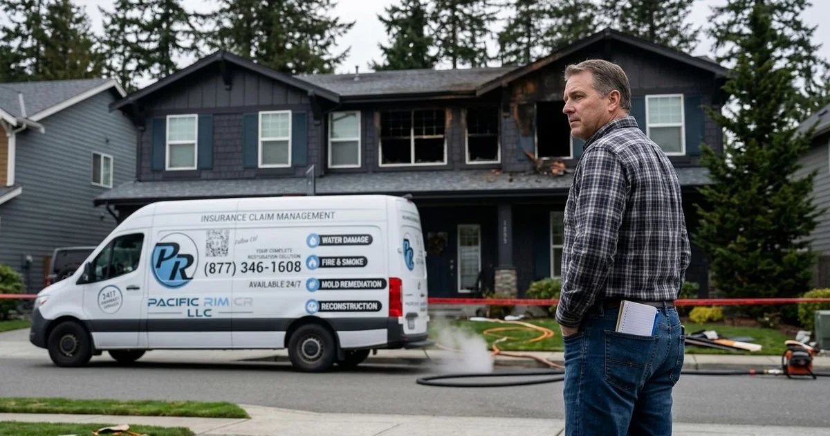 Homeowner assessing fire damage after fire department leaves