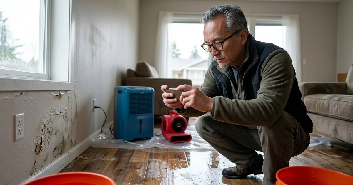 Homeowner photographing water damage for insurance