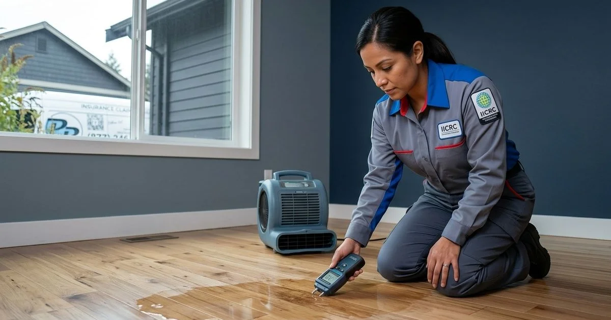 Technician inspecting standing water with a moisture meter