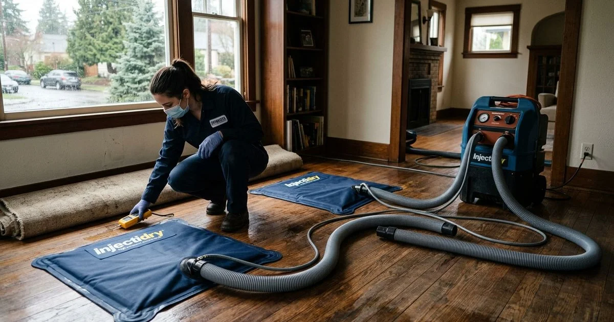 Injectidry system drying wet hardwood floors in place