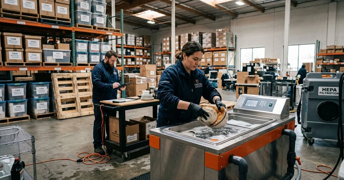 Off-site cleaning facility and storage warehouse