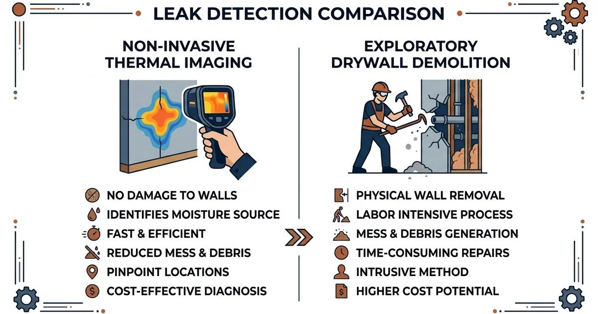 Comparison of non-invasive vs exploratory leak finding