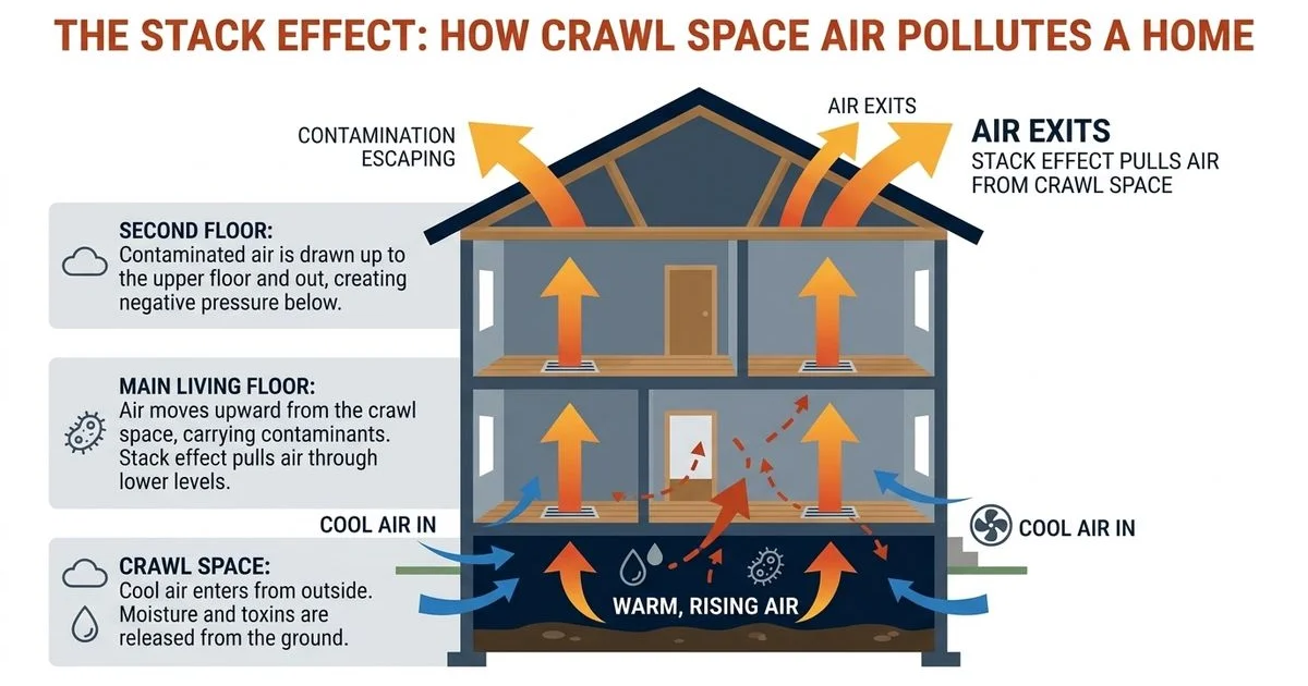 Stack effect diagram showing air flow from crawl space
