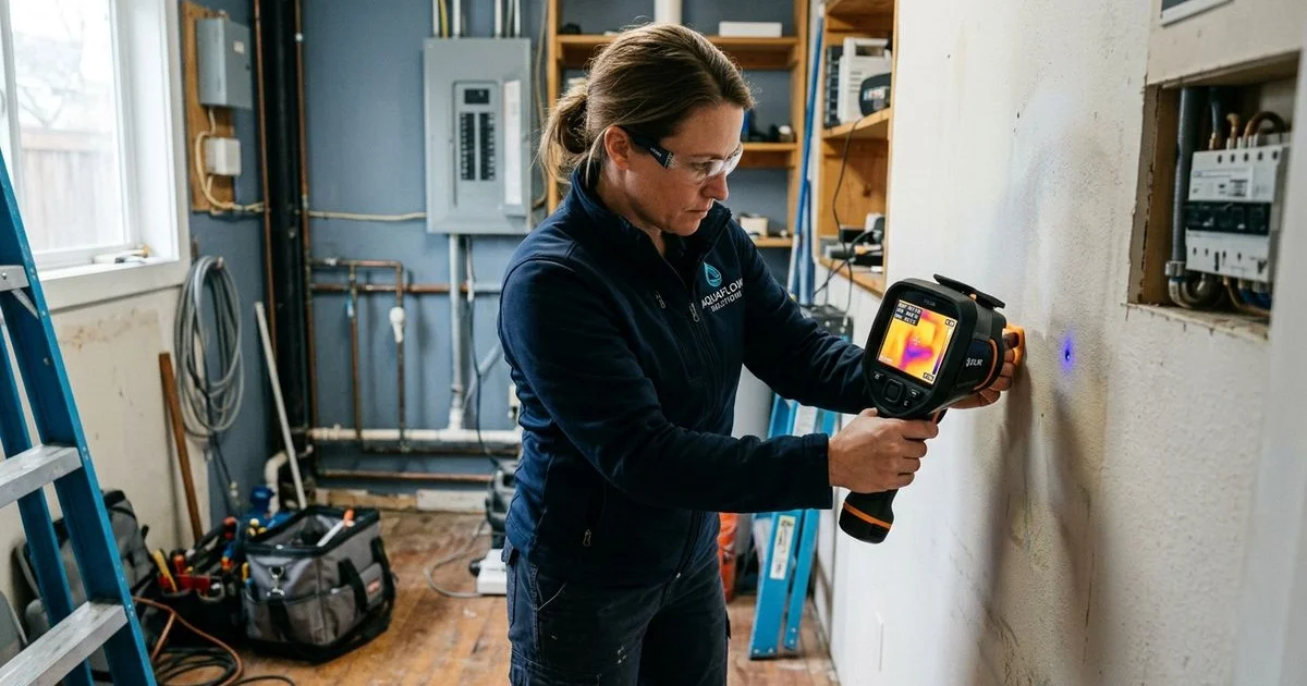 Technician with FLIR camera scanning for hidden leak