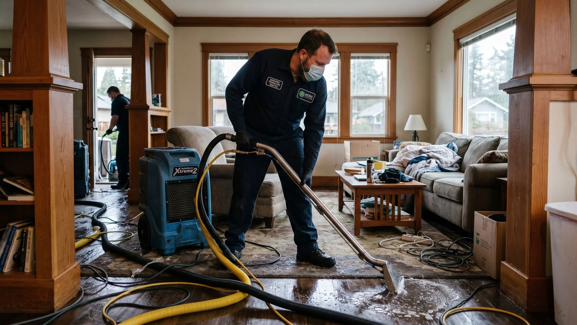 IICRC-certified Seattle technician extracting water from a flooded living room